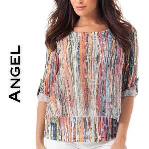 Angel Top Medium Pink Purple Striped Splatter Painted Layered Flowy Boho Retro